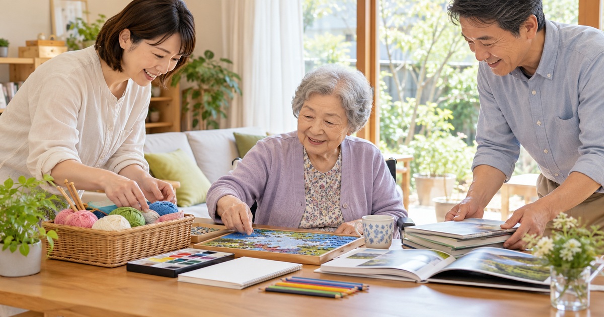 趣味の道具を囲んで過ごす高齢女性と家族