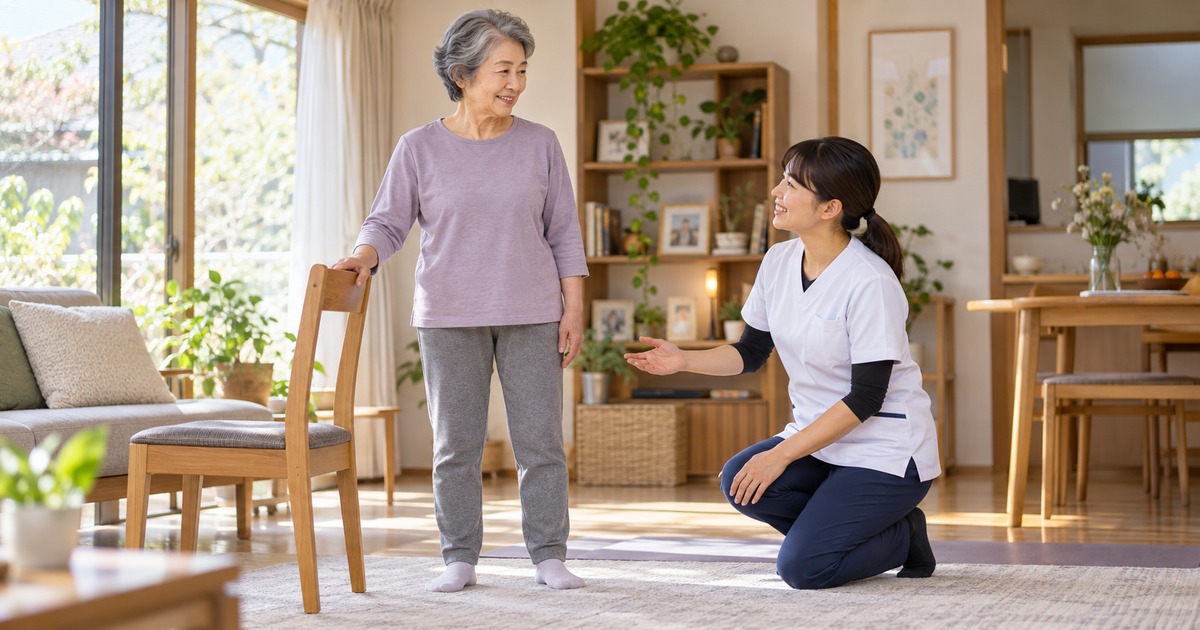 椅子に手を添えた高齢女性を近くで見守る専門職の生成イメージ