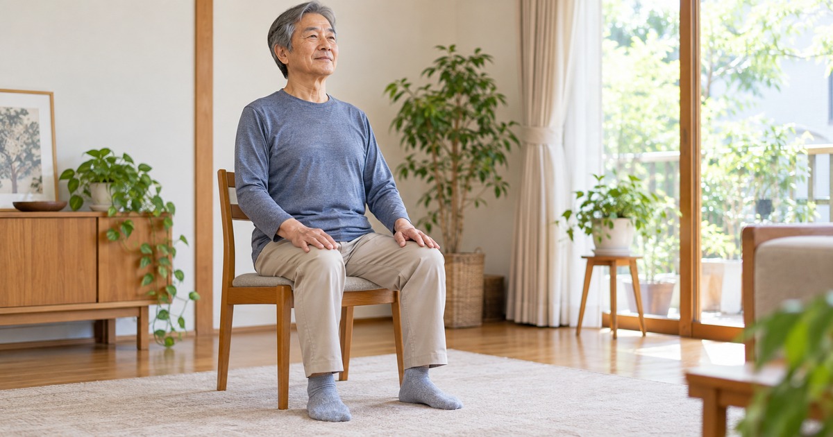 椅子に座り足を床につけて落ち着いて呼吸する高齢男性の生成イメージ