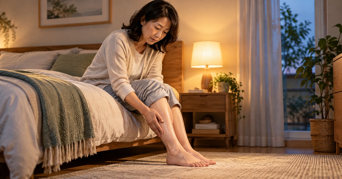 夜にベッドで脚の不快感について考える女性の生成イメージ