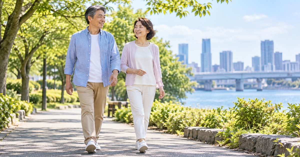 平坦な公園の道をゆっくり歩く男女の生成イメージ