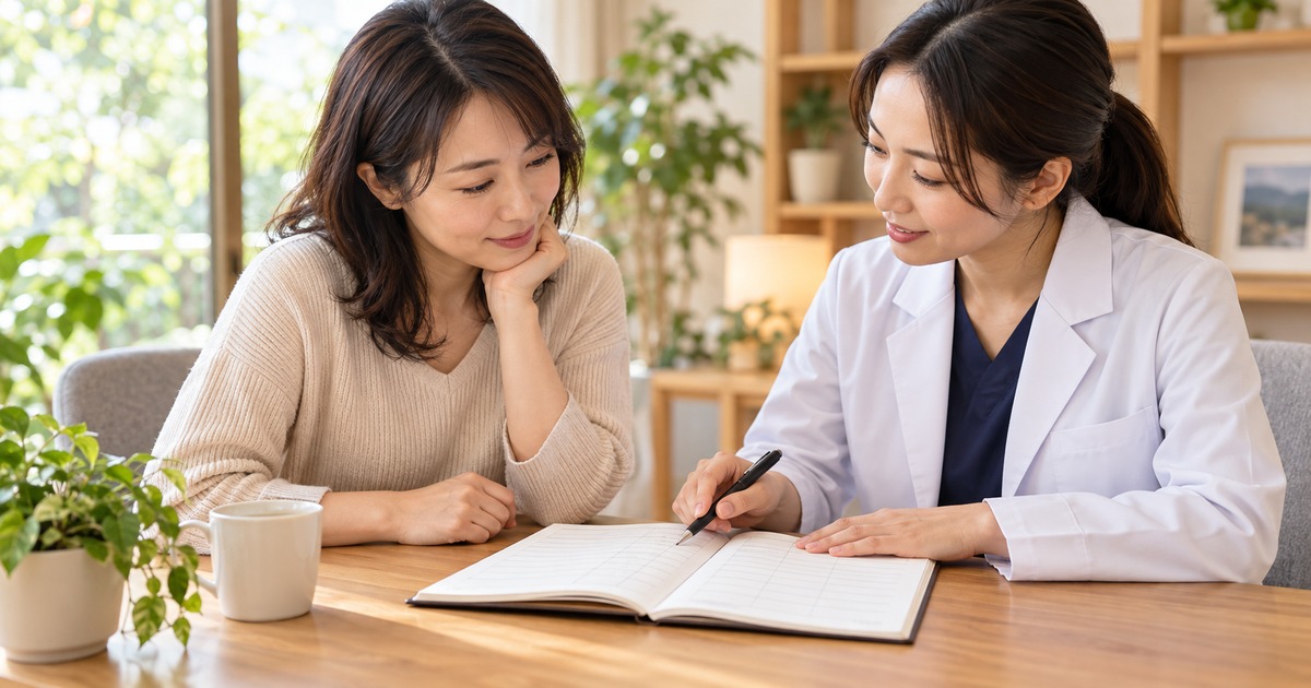 症状と睡眠の記録を専門職と相談する女性の生成イメージ