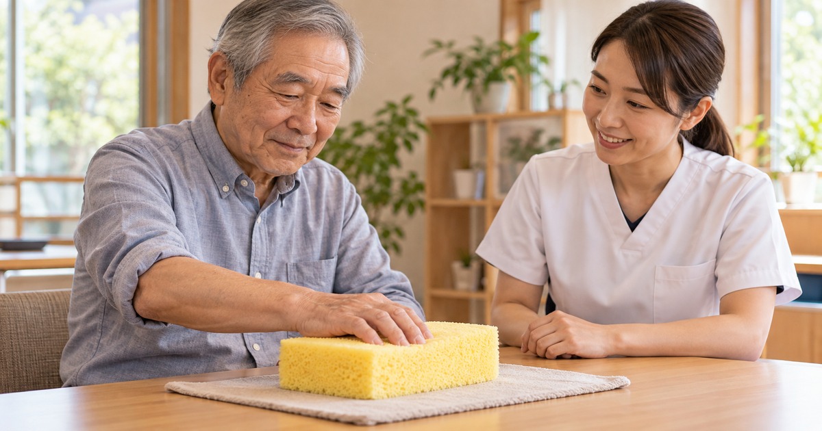 机に前腕を支えて柔らかなスポンジに触れる男性と専門職の生成イメージ
