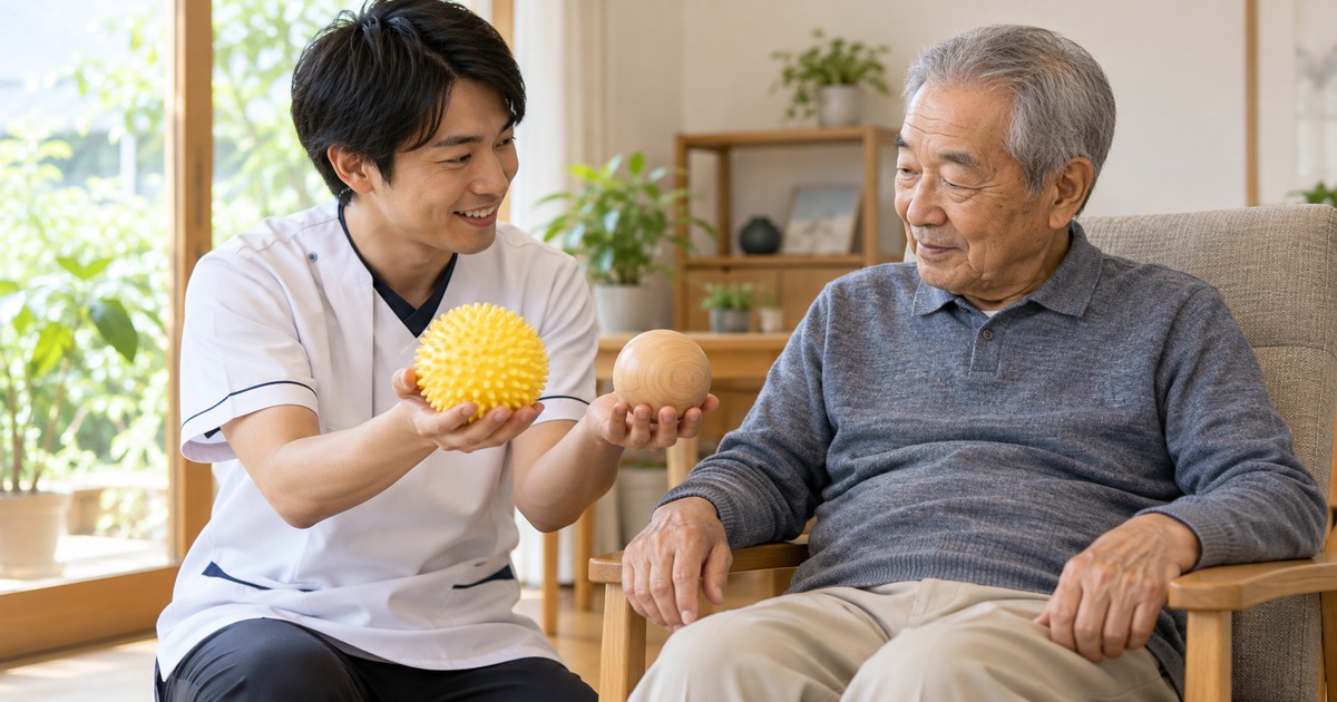 異なる質感の物を専門職と確かめる高齢男性の生成イメージ
