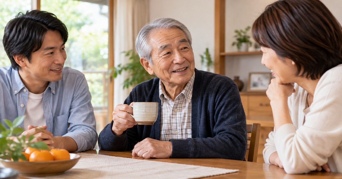 軽いカップを手にして家族と生活動作を相談する男性の生成イメージ