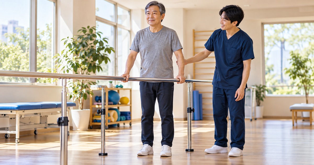 専門職が見守る中で手すりを持って立つ男性の生成イメージ