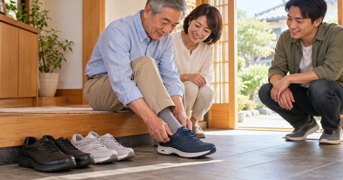 家族が見守る玄関で靴を履く男性の生成イメージ
