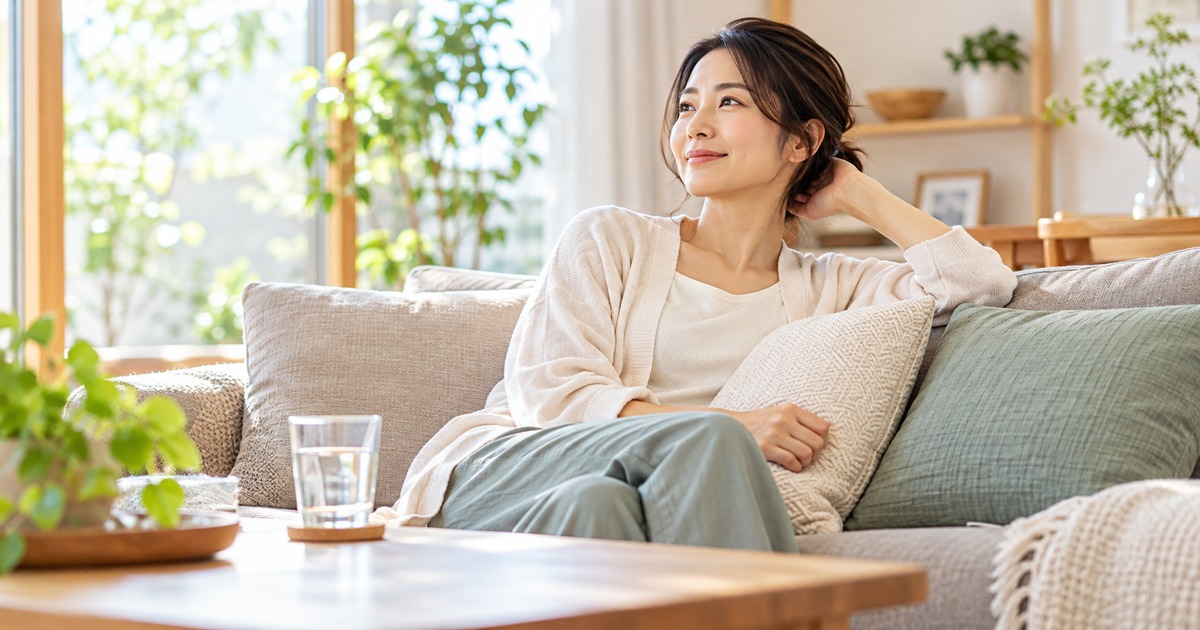 自宅のソファで体を休める女性の生成イメージ