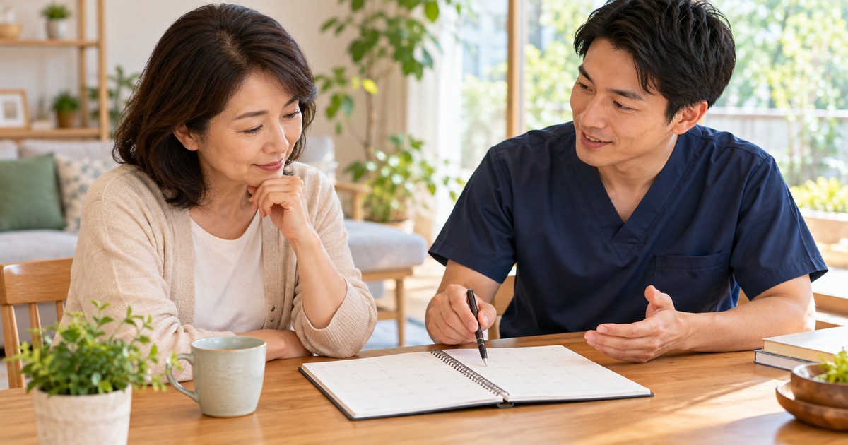専門職と活動や休息の予定を相談する女性の生成イメージ