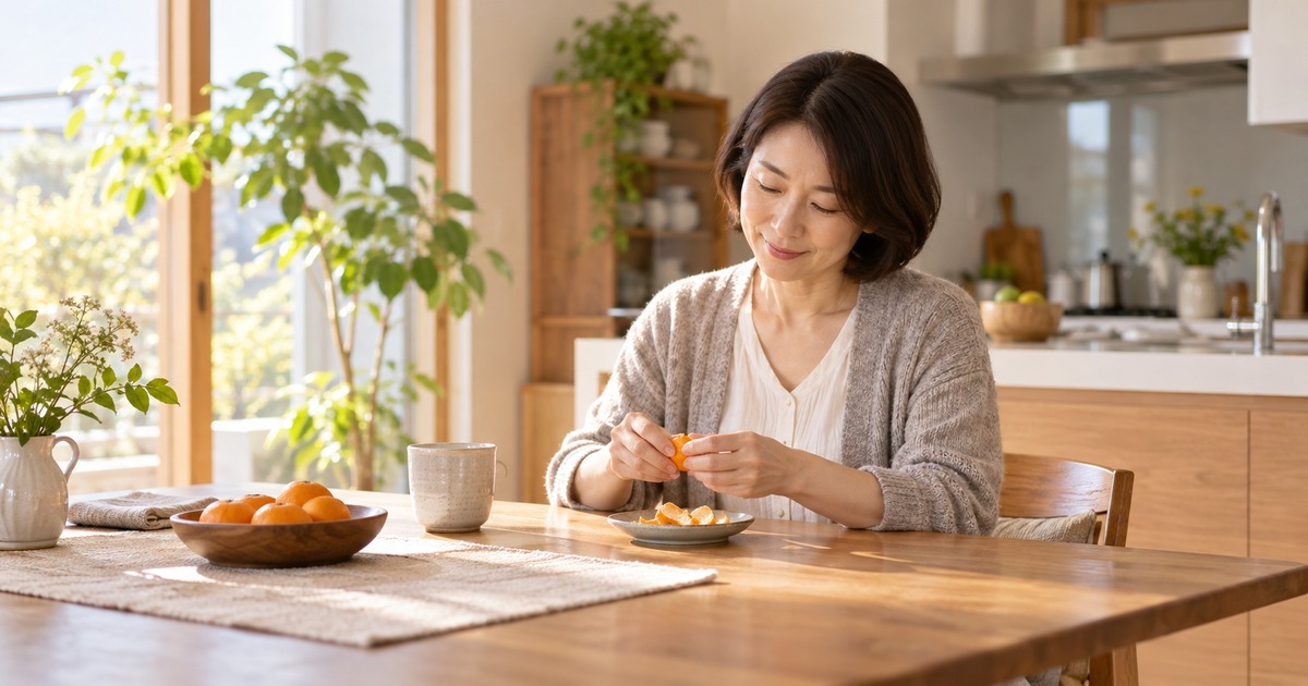 自宅で椅子に座って果物をむく女性の生成イメージ