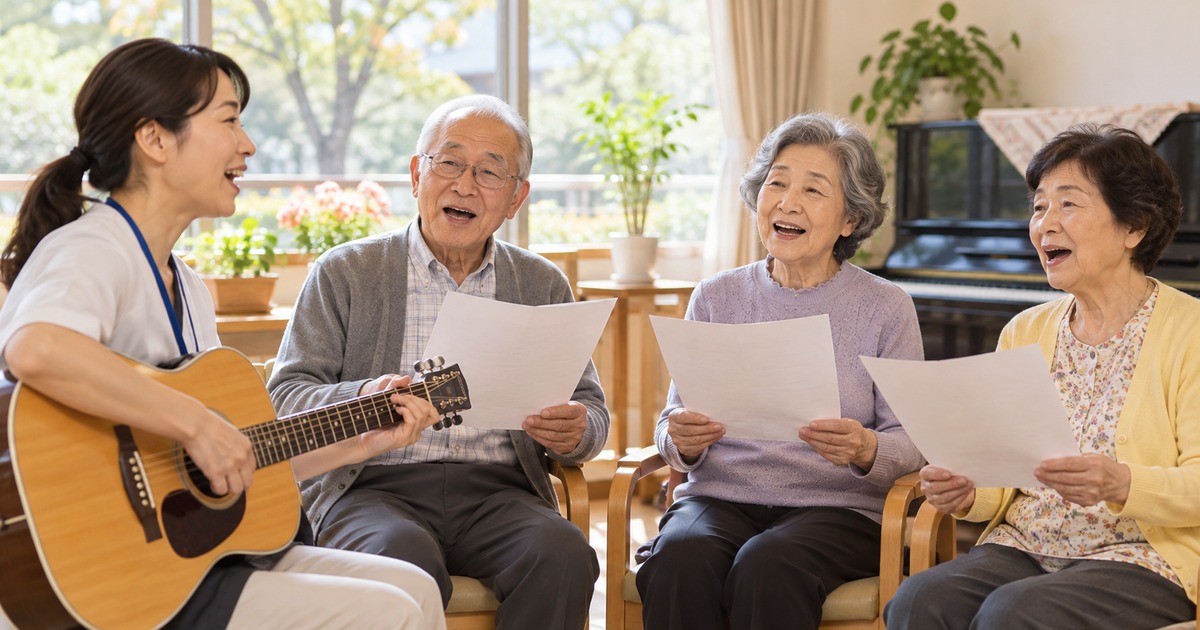 椅子に座って支援者と歌を楽しむ成人グループの生成イメージ