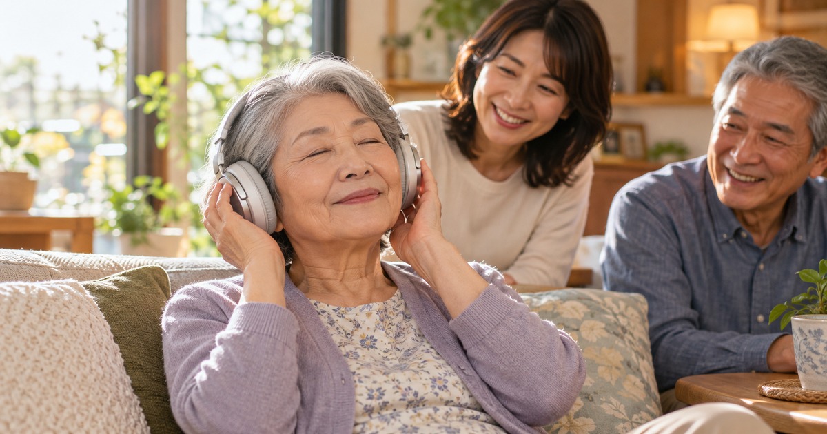 自宅でヘッドホンで音楽を聴く高齢女性と、そばで見守る家族の生成イメージ