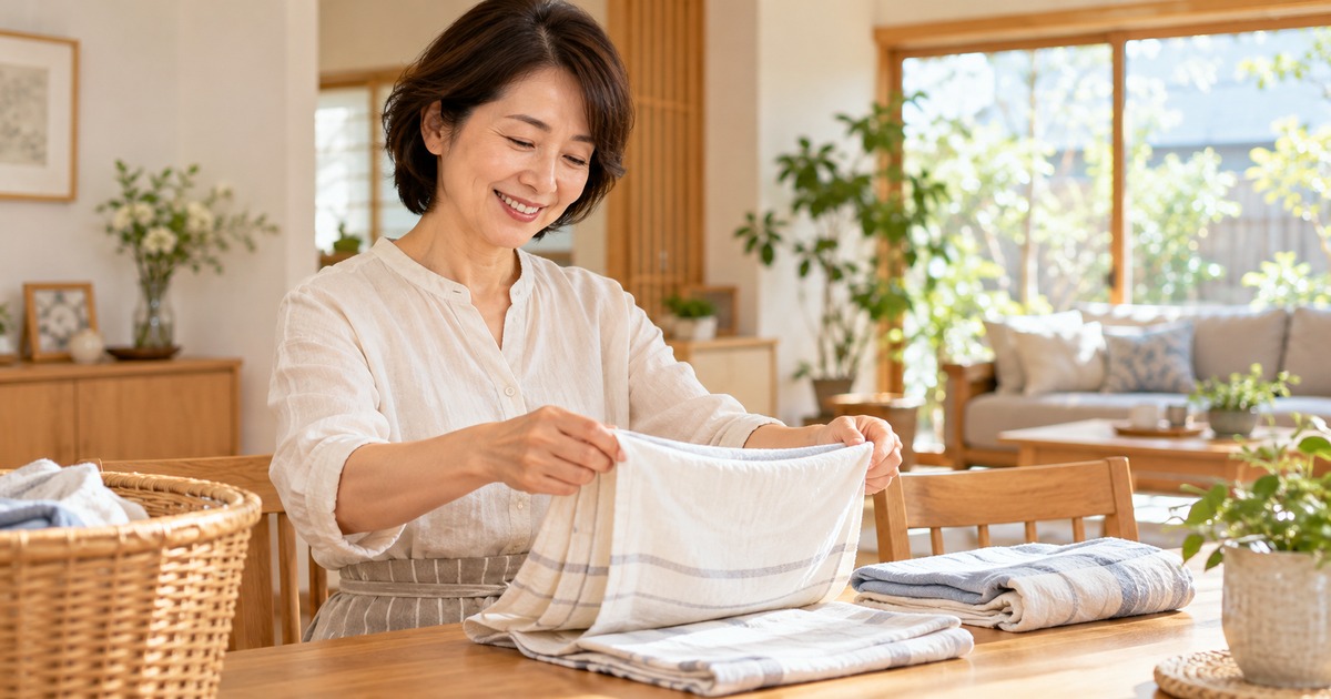 自宅で洗濯物をたたむ女性の生成イメージ