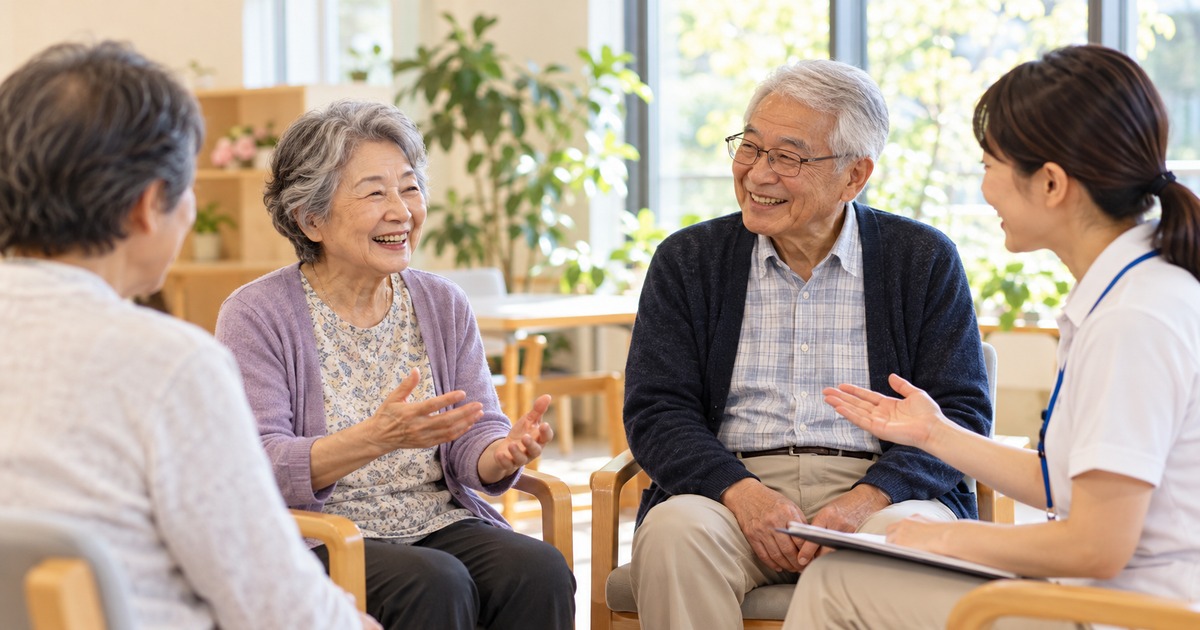 専門職と輪になって会話を楽しむ高齢者の生成イメージ