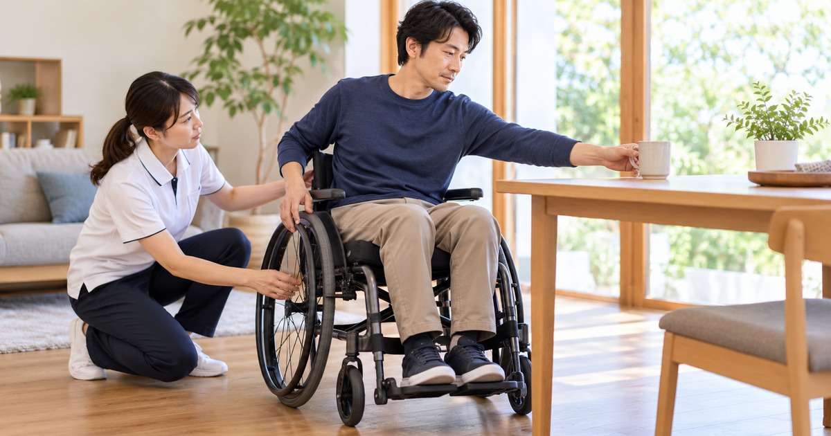 車椅子から机のカップへ手を伸ばす動作を専門職と確認する生成イメージ