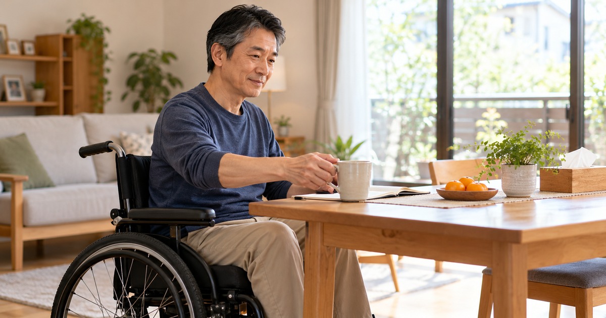 車椅子で食卓のカップを手に取る男性の生成イメージ