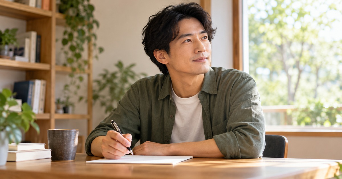 机でペンとノートを使う男性の生成イメージ