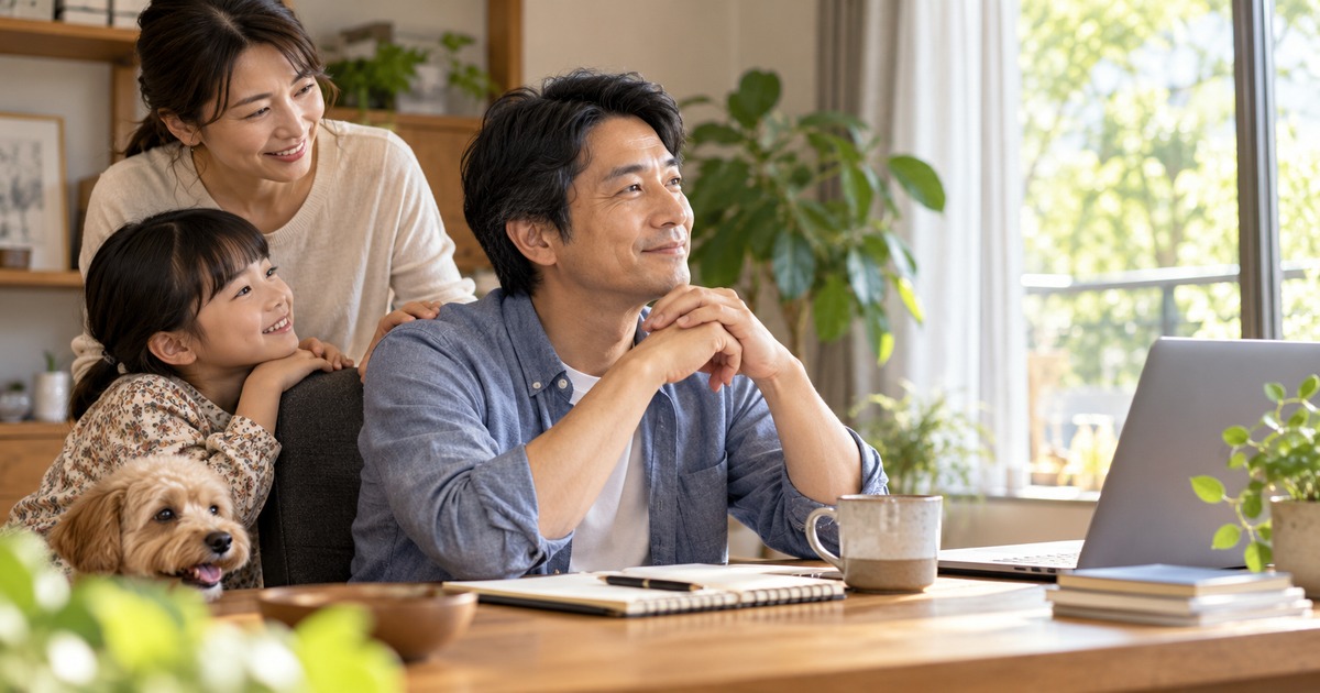 自宅の机で筆記の合間に家族と過ごす男性の生成イメージ