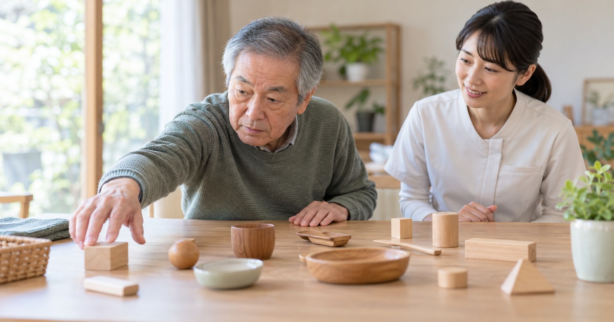 机上の物を探す男性と支援者のイメージ