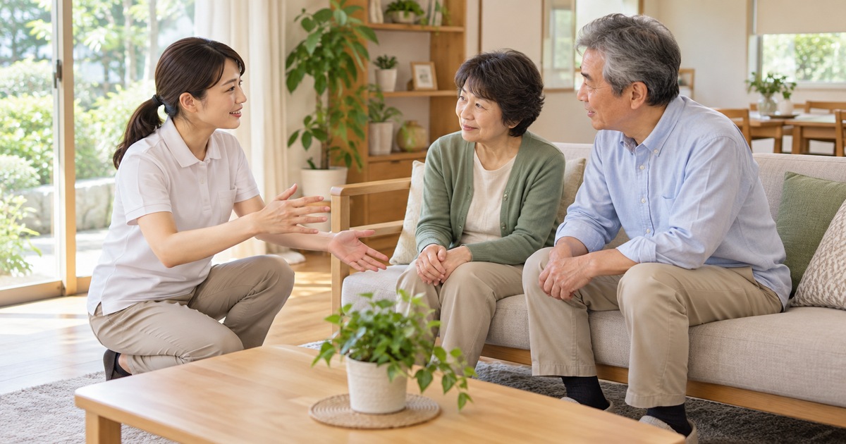 生活環境について相談する夫婦と支援者のイメージ