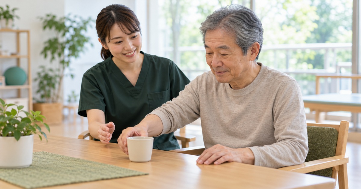 机上でコップを使う練習をする男性と支援者のイメージ