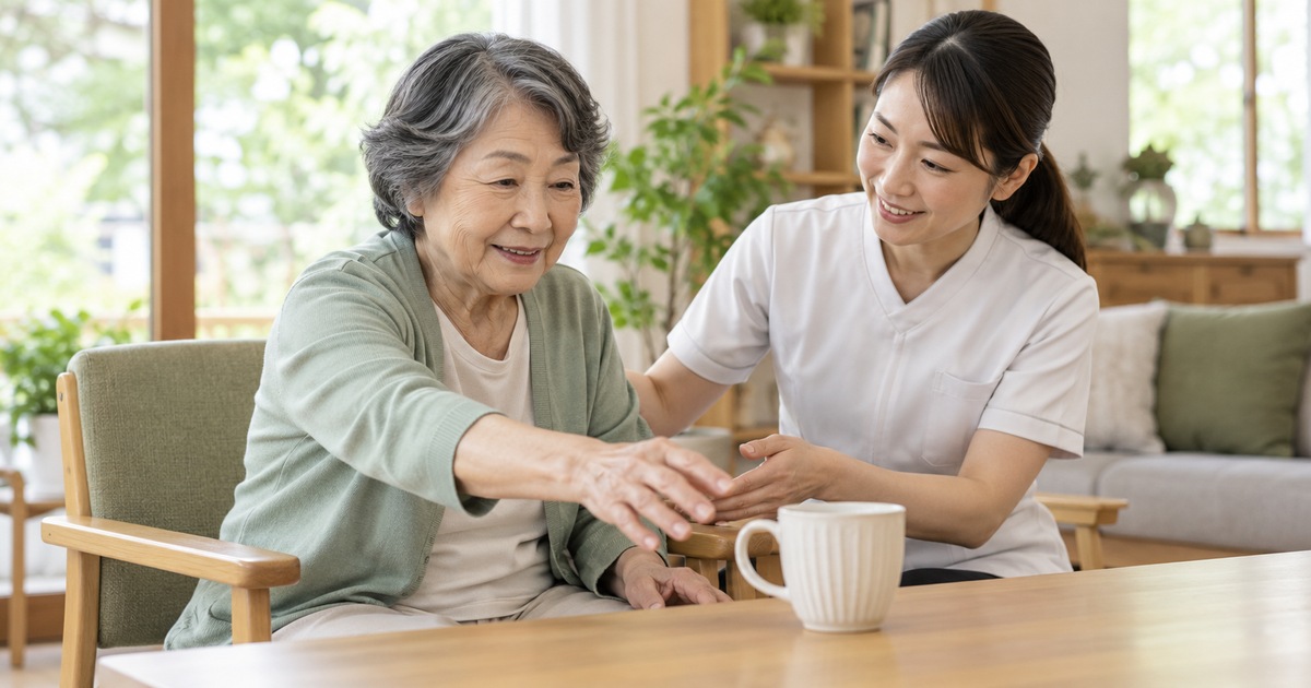 安定した椅子でコップへ手を伸ばす女性と支援者のイメージ