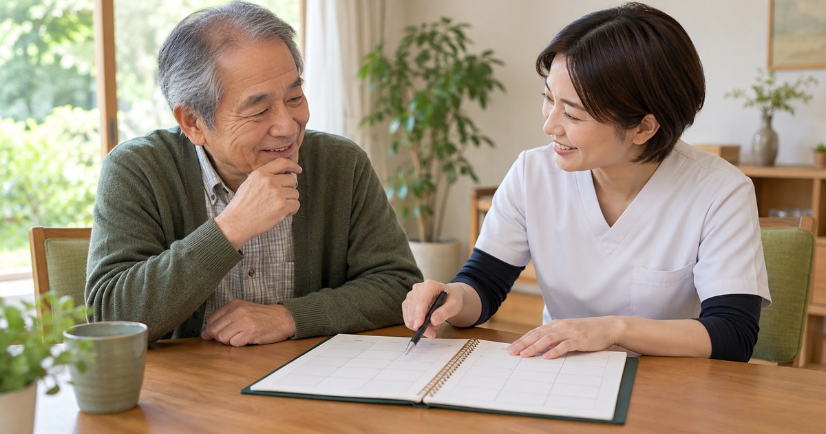 練習の予定を相談する男性と支援者のイメージ