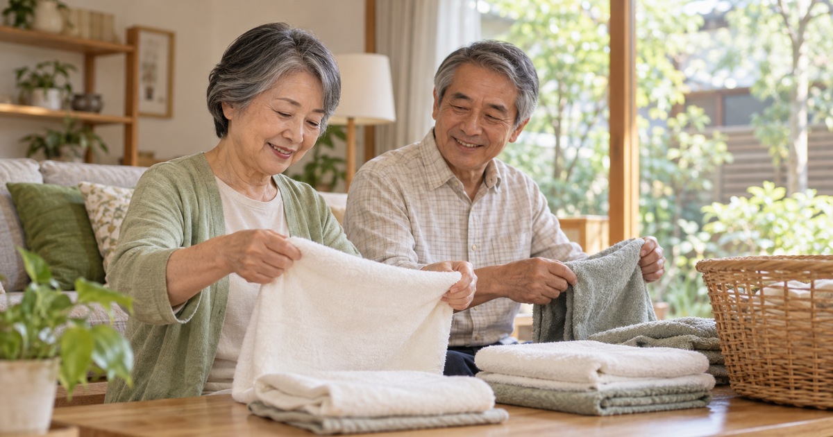 自宅でタオルを畳む夫婦のイメージ