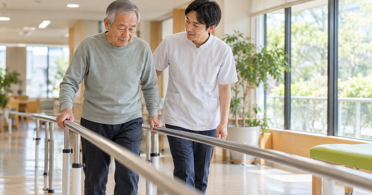 手すりのある廊下で見守りを受けながら歩く女性のイメージ