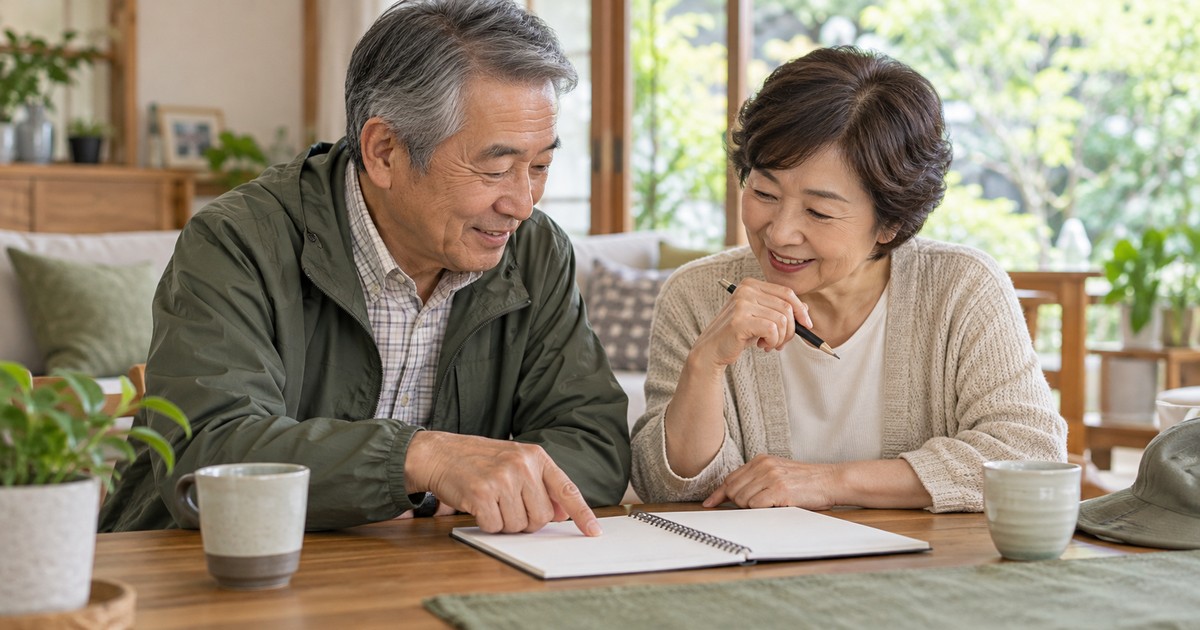 歩行練習の予定を相談する夫婦と支援者のイメージ