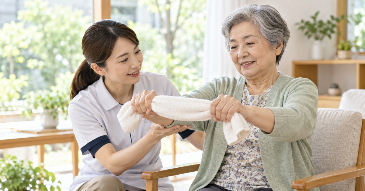 机の上の小物を扱う練習を見守る支援者のイメージ