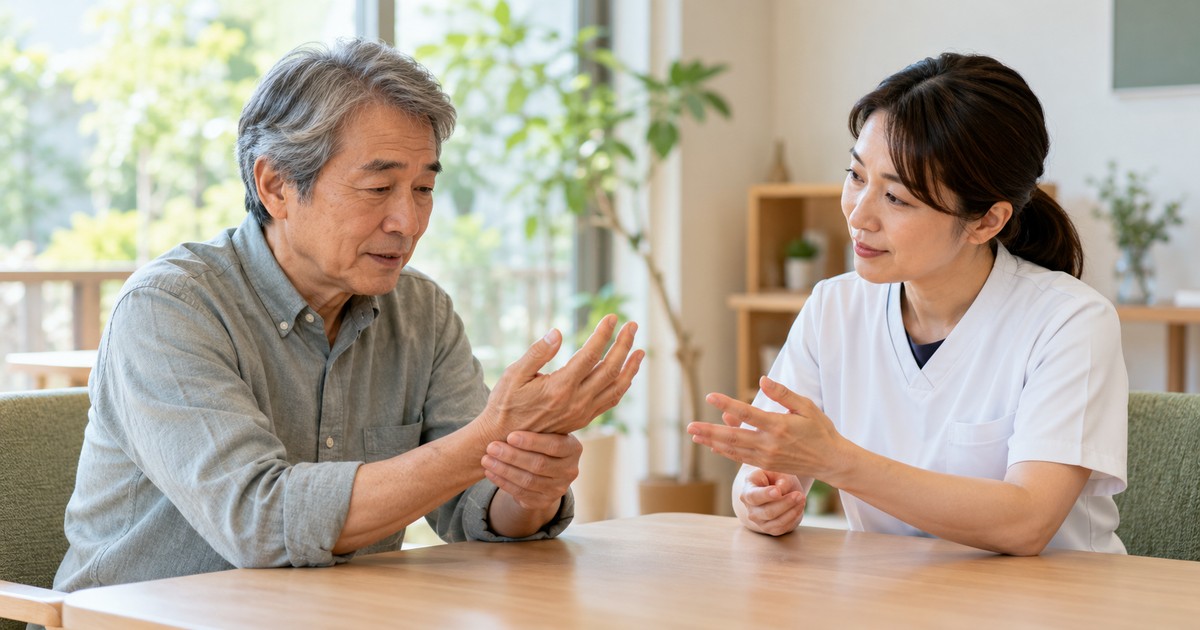 生活で手を使う目標を相談する女性と支援者のイメージ