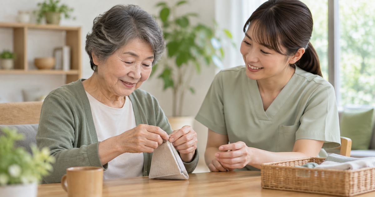 机上で手を使う練習を見守る支援者のイメージ