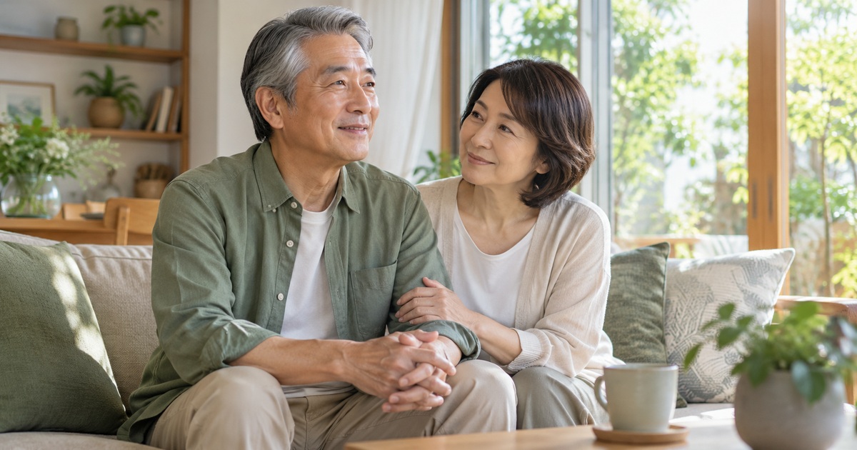 家族が隣に座って男性の話を聞くイメージ