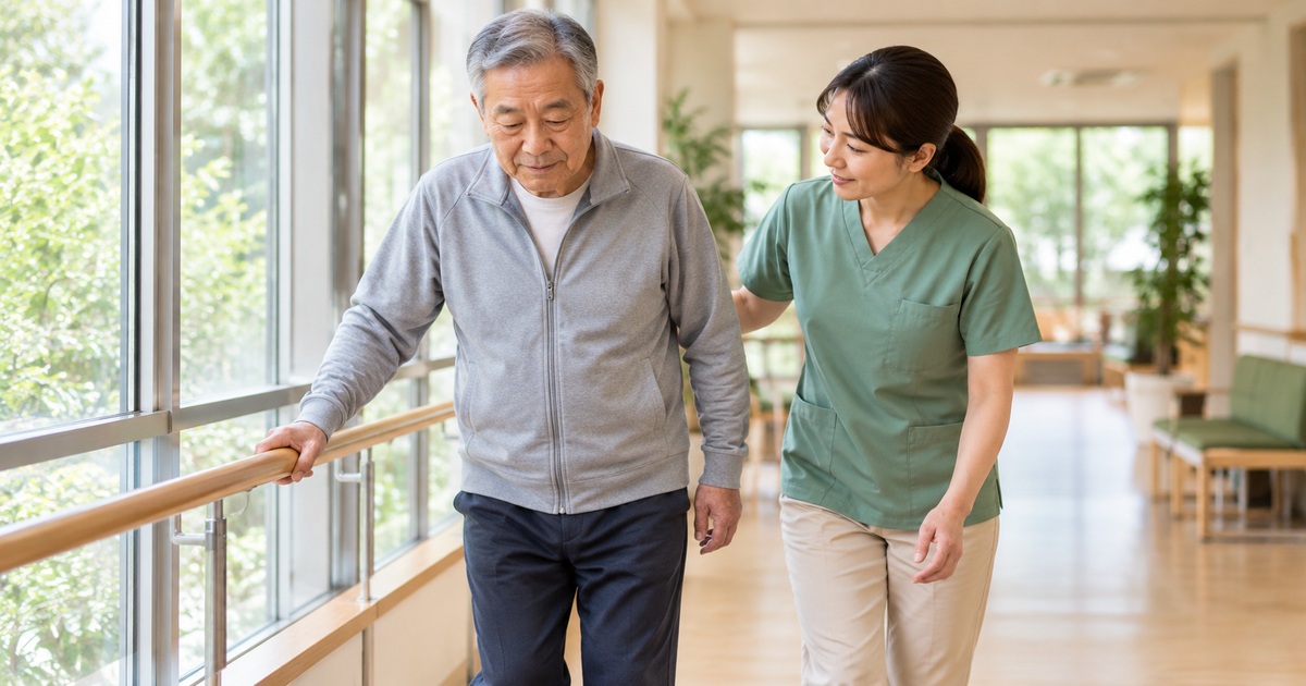 手すりにつかまって歩く男性と見守る支援者のイメージ