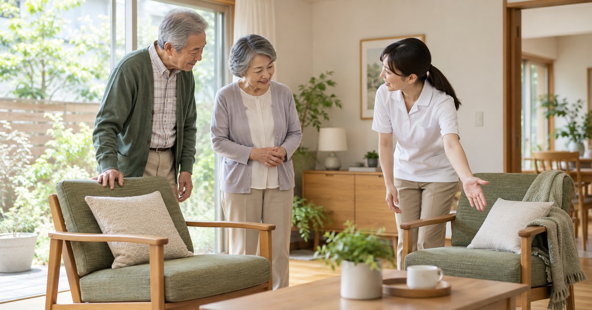 自宅の椅子のそばで支援者と相談する夫婦のイメージ