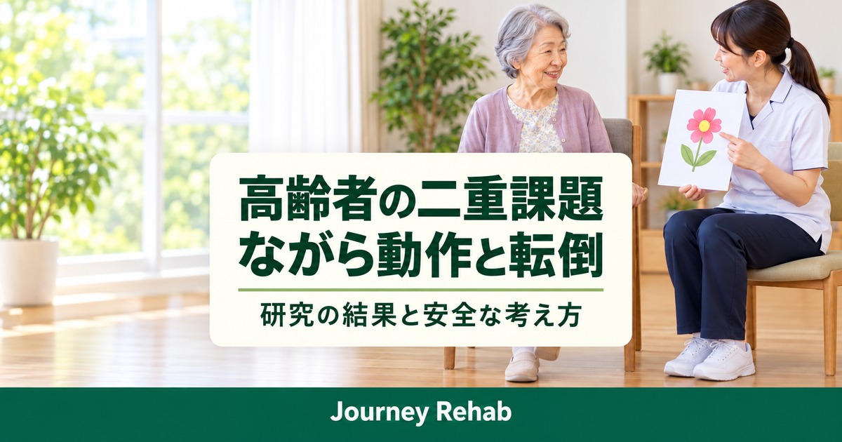 椅子に座る高齢女性と専門職に「高齢者の二重課題 ながら動作と転倒」と記したサムネイル
