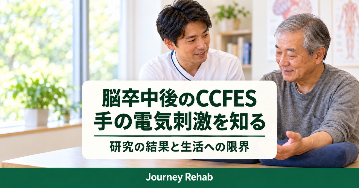 前腕を支えた高齢男性と専門職に「脳卒中後のCCFES 手の電気刺激を知る」と記したサムネイル