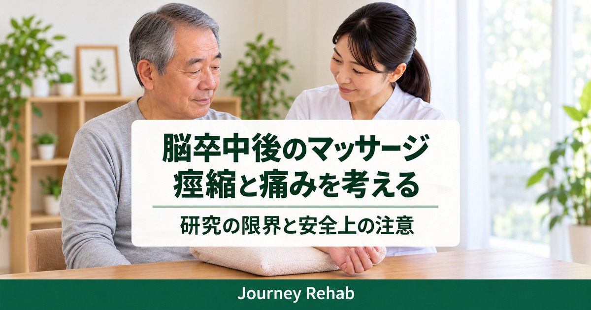 腕をクッションで支えた男性と「脳卒中後のマッサージ 痙縮と痛みを考える」の文字があるサムネイル