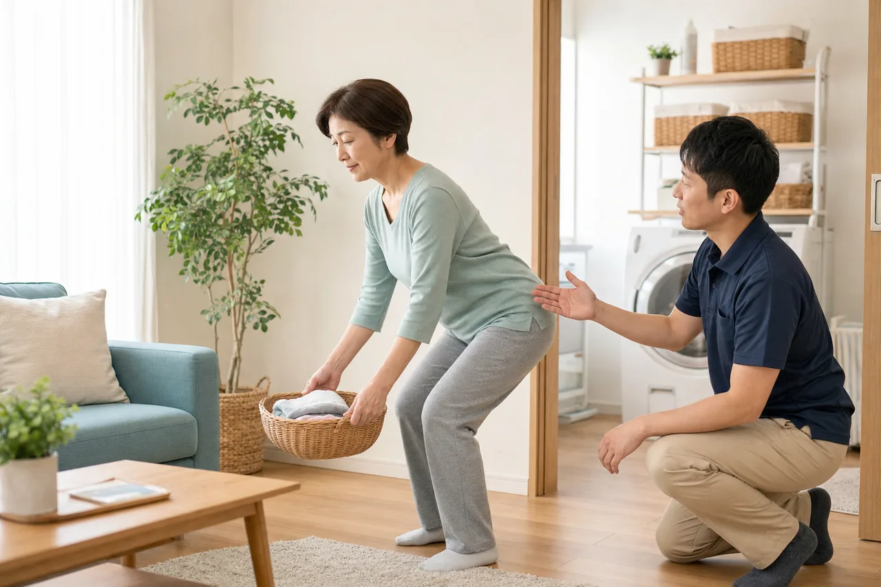 慢性腰痛の方が専門職と日常生活動作を練習する場面