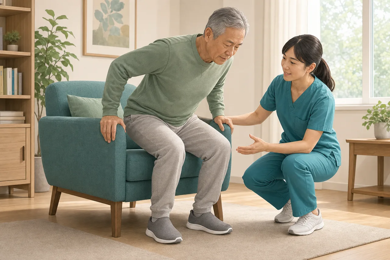 専門職の見守りのもと椅子から立ち上がる練習の様子