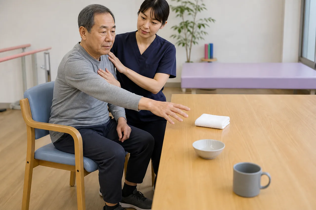 脳卒中後の方が体幹への軽い徒手誘導を受けながら物へ手を伸ばす様子