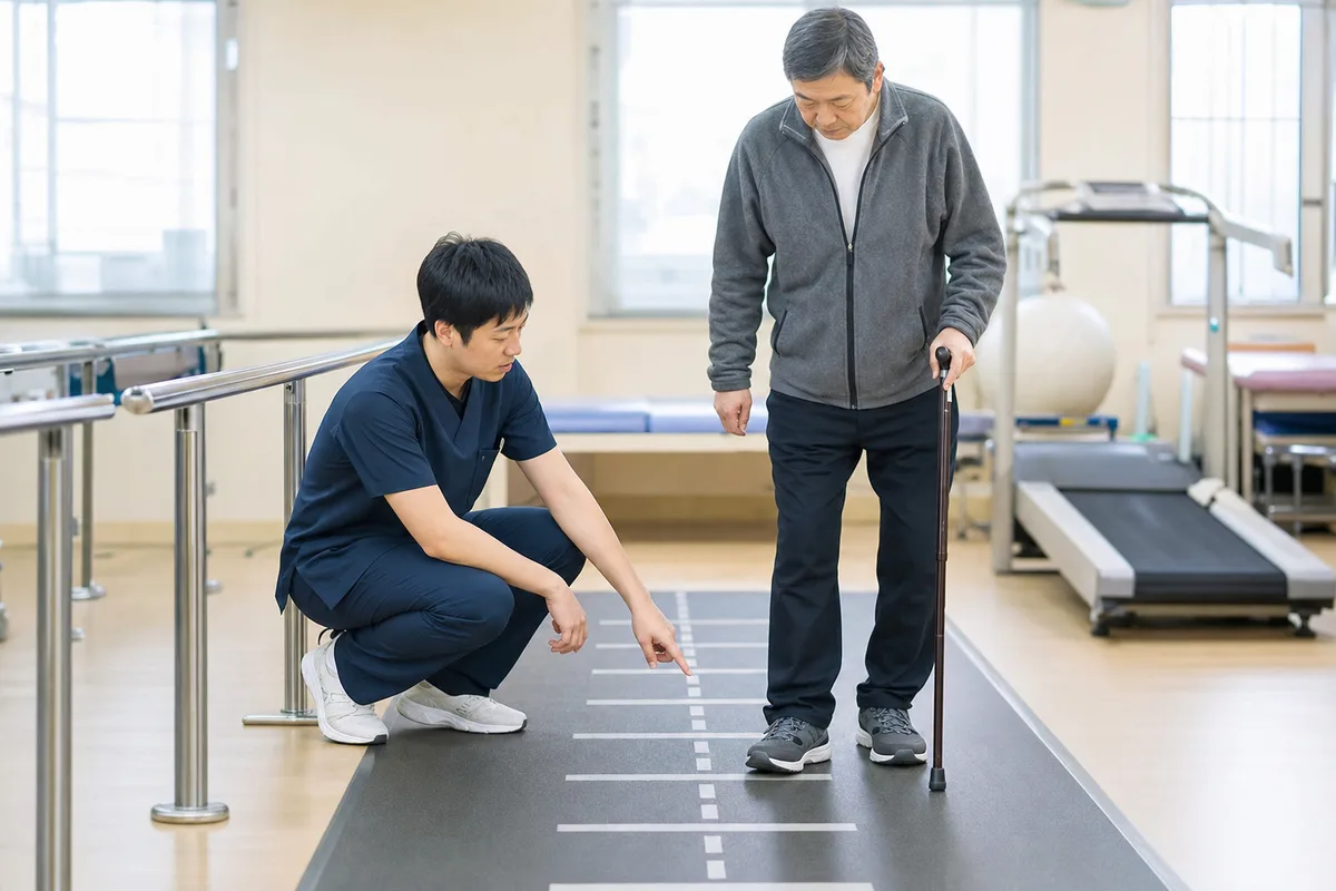 歩幅や歩く速さを確認する場面