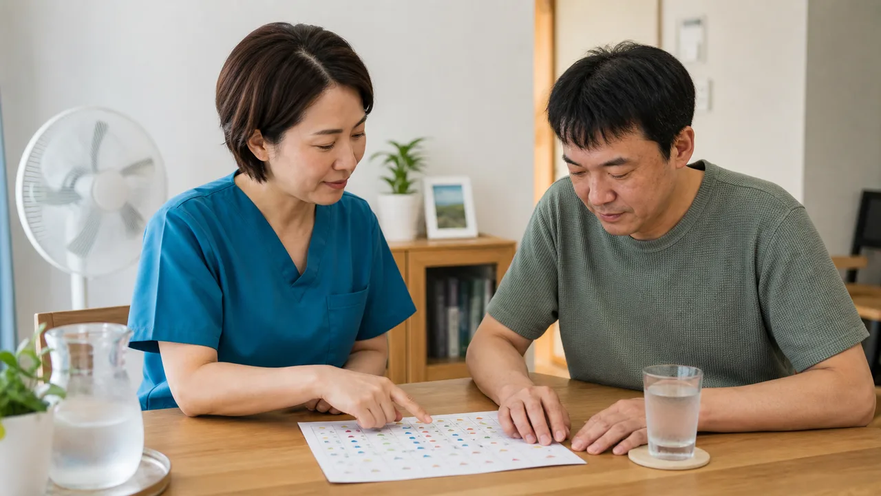 気温と症状と活動の記録を専門職と確認する様子
