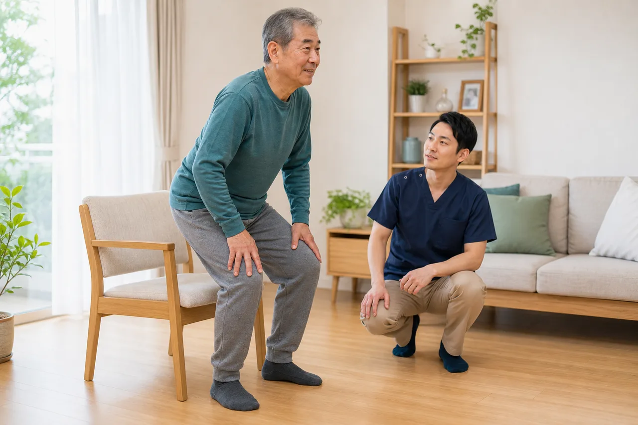 高齢者が専門職の見守りのもとで椅子からの立ち上がり運動を行う様子