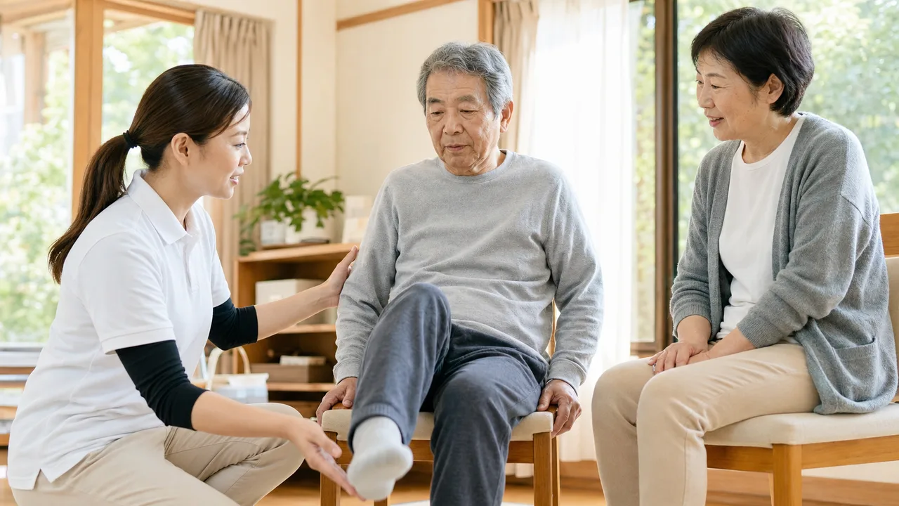 脳卒中後の気分の落ち込みに対して軽い運動と家族支援を行う場面