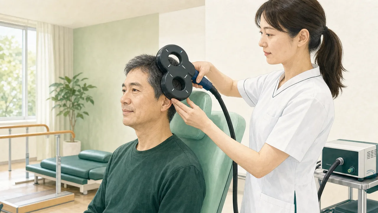 医療機関でrTMSのコイルを頭部にあてている様子のイメージ