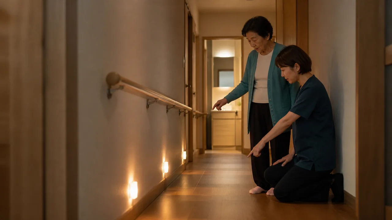 高齢女性と専門職が足元灯と手すりのある夜間のトイレ動線を確認する様子