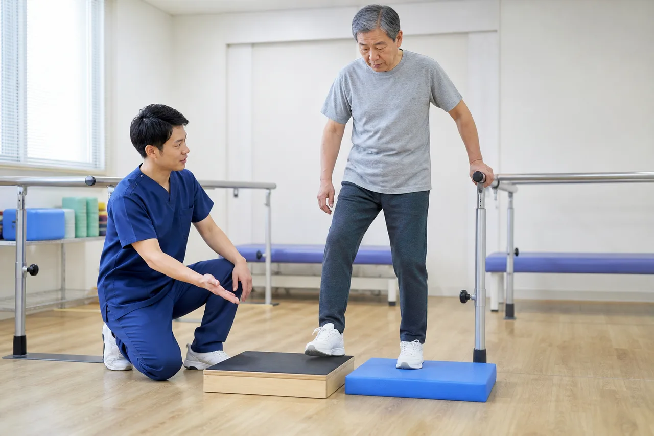 専門職が安定した台とバランスパッドを使って運動負荷を段階的に調整する様子