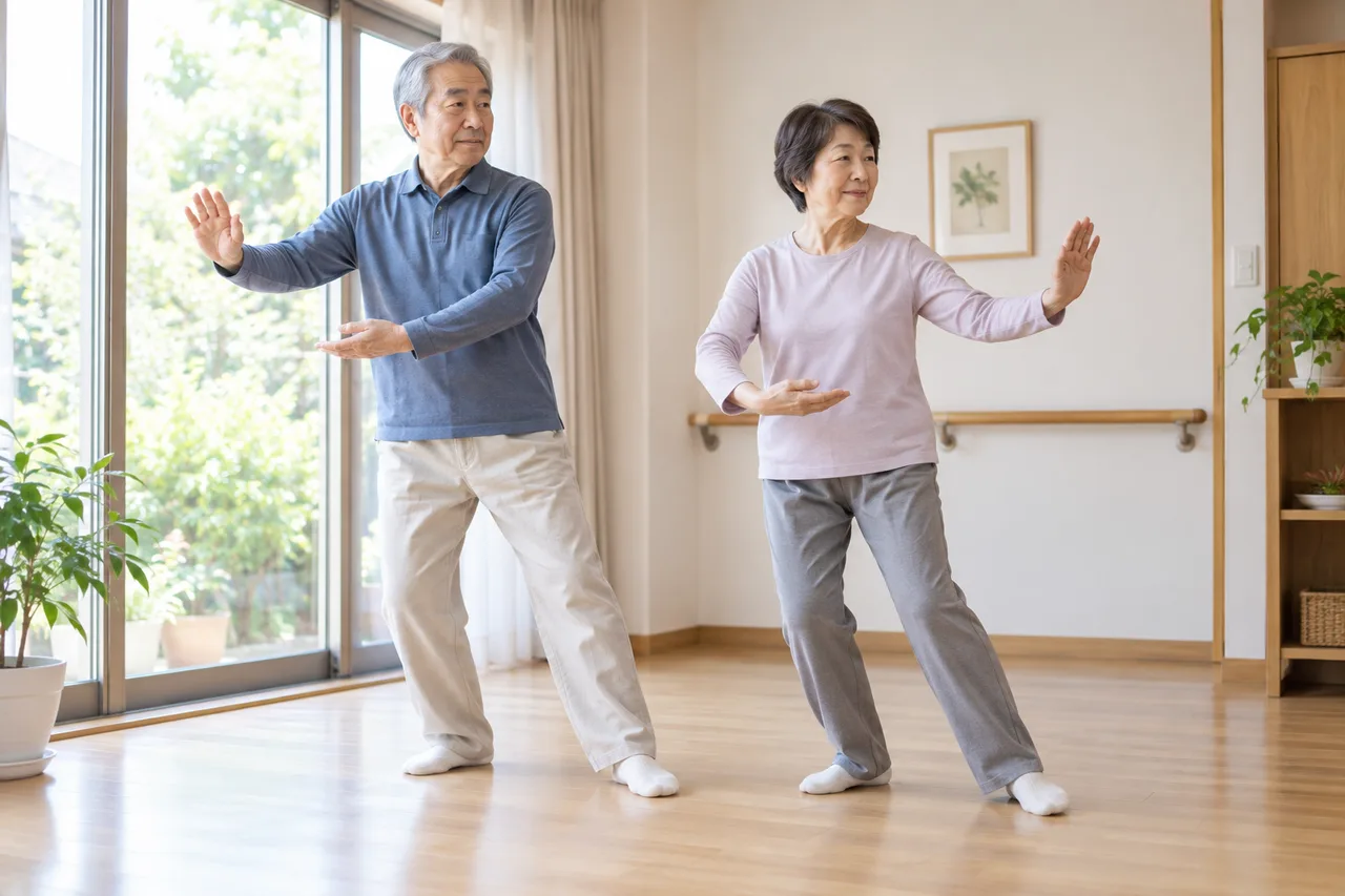 椅子を支えにして重心移動を練習する高齢者